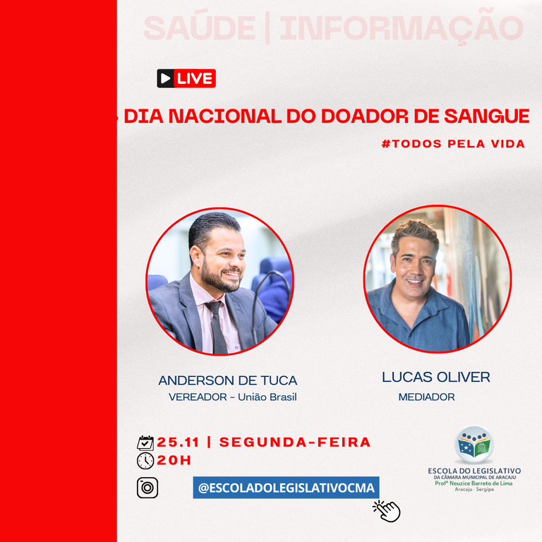 Escola do Legislativo de Aracaju e Anderson de Tuca convidam para Live sobre doação de sangue