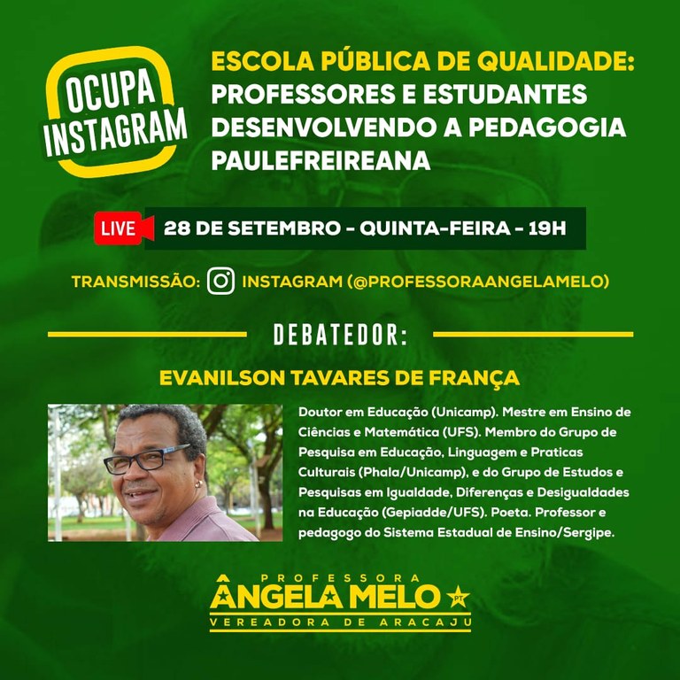 Mandato da vereadora Ângela Melo realiza live sobre educação pública, juventude e pedagogia de Paulo Freire